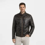 Front view of men's distressed black leather cafe racer jacket with band collar, snap button closure, contrast brown stitching, horizontal chest zip pockets, dual racing stripes on sleeves, diagonal waist pockets, and heavily weathered vintage finish