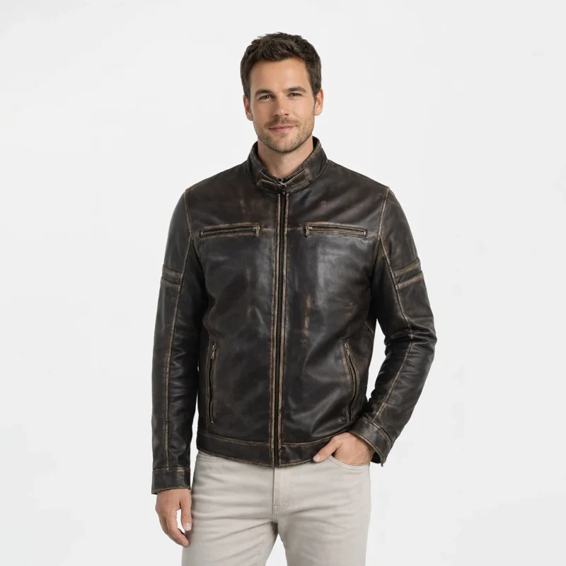 Front view of men's distressed black leather cafe racer jacket with band collar, snap button closure, contrast brown stitching, horizontal chest zip pockets, dual racing stripes on sleeves, diagonal waist pockets, and heavily weathered vintage finish