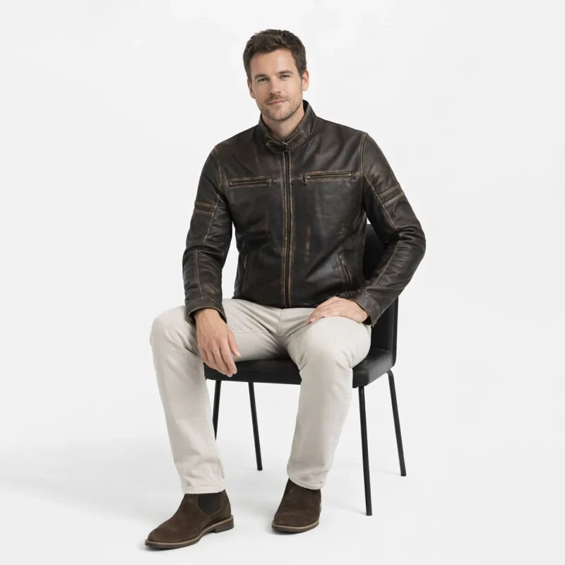 Man seated wearing distressed black leather cafe racer jacket showing natural leather aging, contrast stitching detail, racing stripes, comfortable fit, and authentic vintage weathered finish while sitting