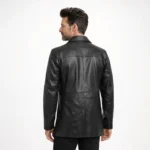 Rear view of black leather safari jacket showing clean back panel, tailored construction, hip-length proportion, classic field jacket design - Noir Kensington Elite Leather Blazer