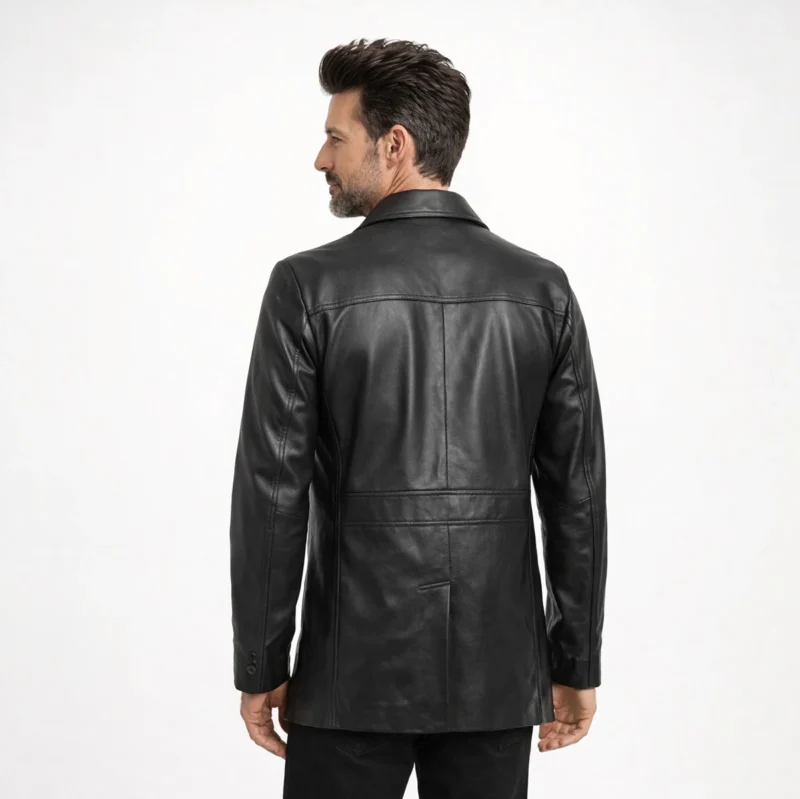 Rear view of black leather safari jacket showing clean back panel, tailored construction, hip-length proportion, classic field jacket design - Noir Kensington Elite Leather Blazer