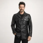 Front view of men's black leather safari jacket with pointed collar, button-front closure, four flap pockets with button tabs, military-inspired design, hip-length cut - Noir Kensington Elite Leather Blazer