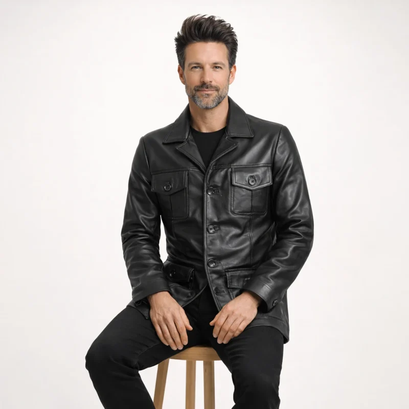 Man seated wearing black leather safari jacket showing comfortable fit, accessible four pockets, refined styling, versatile outerwear - Noir Kensington Elite Leather Blazer