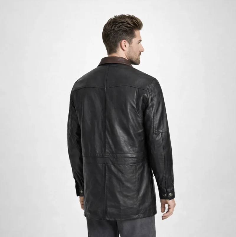 Rear view of black leather car coat showing brown collar, clean back panel, hip-length proportion, classic field coat construction - Noir Sentinel Luxury Leather Coat