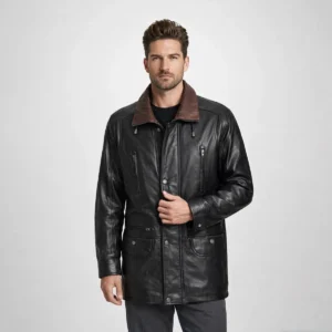 Front view of men's black leather car coat with brown contrast collar, snap and zip closure, vertical chest zip pockets, snap waist pockets, hip-length cut - Noir Sentinel Luxury Leather Coat