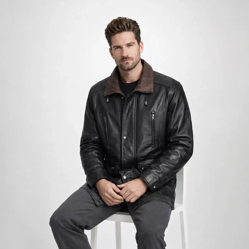 Man seated wearing black leather car coat with brown collar showing comfortable fit, accessible pockets, practical everyday wear - Noir Sentinel Luxury Leather Coat