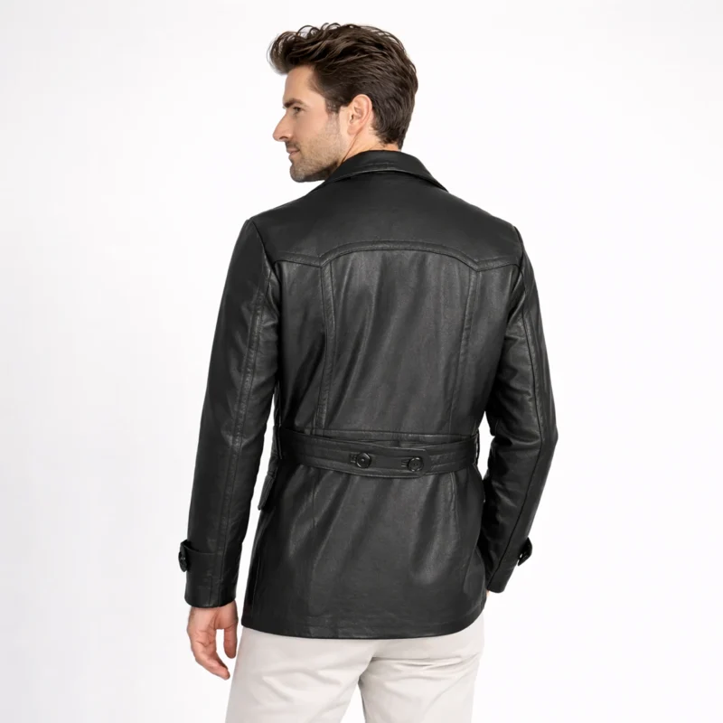Back profile of black leather peacoat showing notched lapels, structured shoulders, medium length, and classic peacoat silhouette - Noir Sovereign Leather Blazer