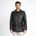 Men's black leather peacoat with wide notched lapels, double-breasted button closure, flap pockets, and classic military-inspired styling - front view of