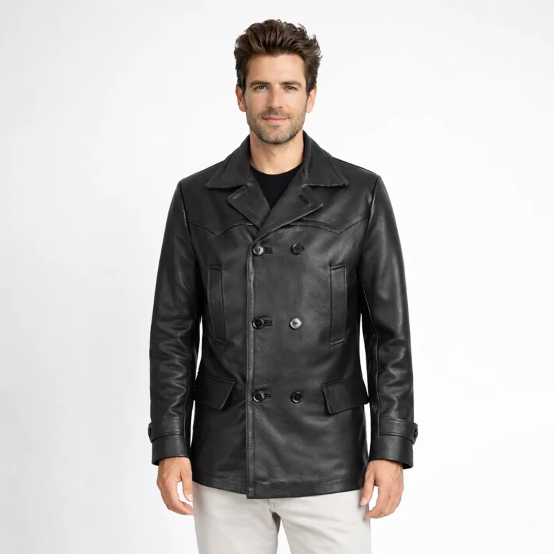 Men's black leather peacoat with wide notched lapels, double-breasted button closure, flap pockets, and classic military-inspired styling - front view of