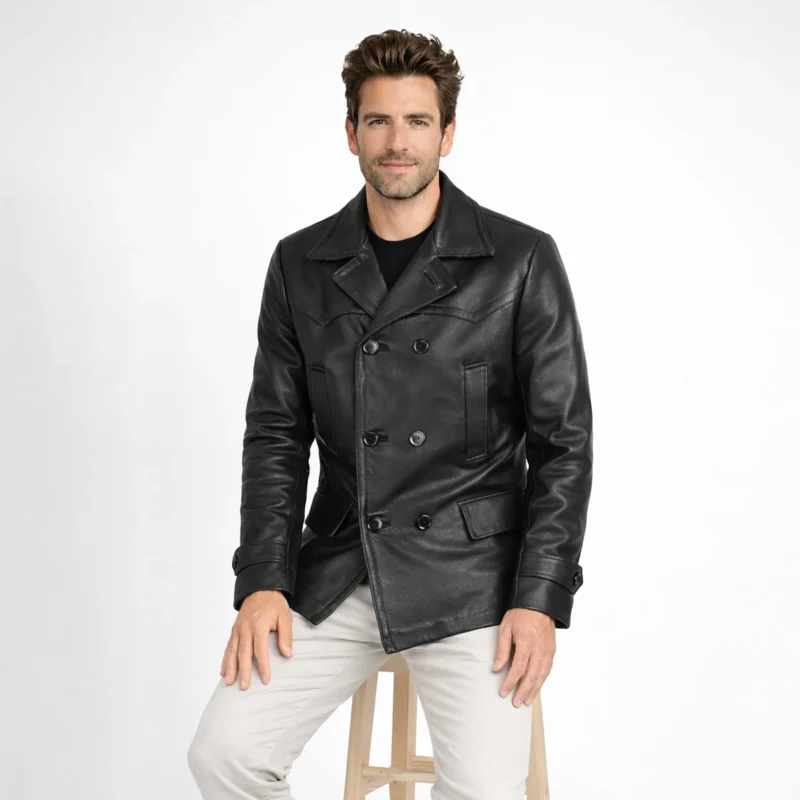 Man wearing black leather peacoat while seated, demonstrating comfortable fit, double-breasted styling, and wide lapel detail of Noir Sovereign Leather Blazer