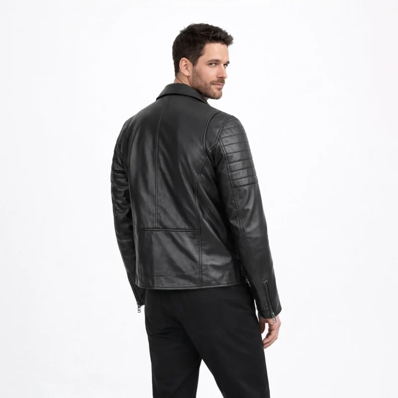 Rear view of black leather motorcycle jacket showing quilted shoulder panels, ribbed side panels, and slim fitted back design