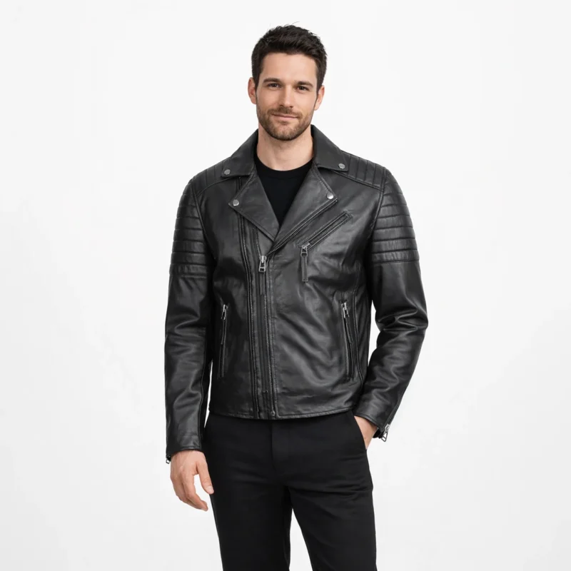 Black Leather Moto Jacket Front View - Men's Quilted Biker Jacket Man wearing black leather motorcycle jacket with asymmetric zipper closure, quilted shoulder panels, and silver hardware on light gray background
