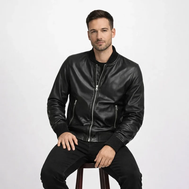 Man wearing black leather bomber jacket while seated, demonstrating comfortable fit, ribbed trim detail, and supple leather construction