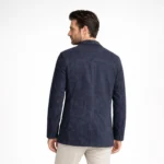 Back profile of navy blue suede blazer showing notched lapels, tailored fit, classic length, and premium suede finish - Noir Valence Suede Blazer