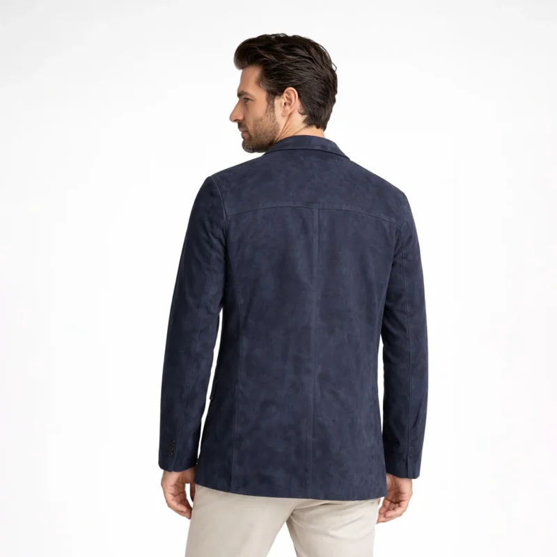 Back profile of navy blue suede blazer showing notched lapels, tailored fit, classic length, and premium suede finish - Noir Valence Suede Blazer