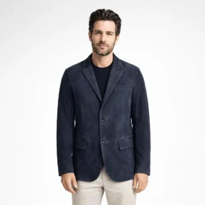 Men's navy blue suede blazer with notched lapels, two-button closure, flap pockets, and tailored fit - front view of Noir Valence Suede Blazer