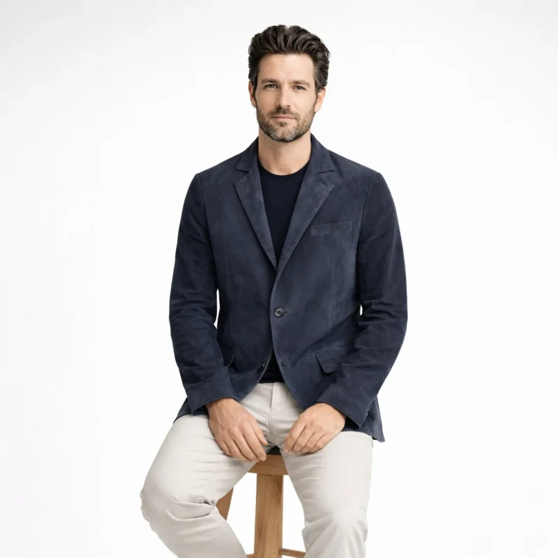 Man wearing navy blue suede blazer while seated, demonstrating tailored fit and luxurious suede texture - Noir Valence Suede Blazer