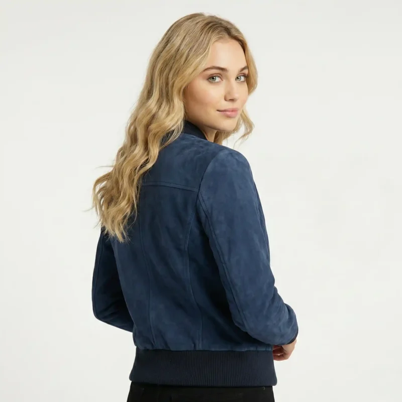 Rear view of navy blue suede bomber jacket showing clean back panel, ribbed hem and cuffs, classic bomber construction, feminine fit - Noir Vantique Leather Bomber Jacket