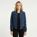 Front view of women's navy blue suede bomber jacket with ribbed collar, central zipper, zippered side pockets, ribbed cuffs and hem, fitted silhouette - Noir Vantique Leather Bomber Jacket