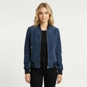 Front view of women's navy blue suede bomber jacket with ribbed collar, central zipper, zippered side pockets, ribbed cuffs and hem, fitted silhouette - Noir Vantique Leather Bomber Jacket