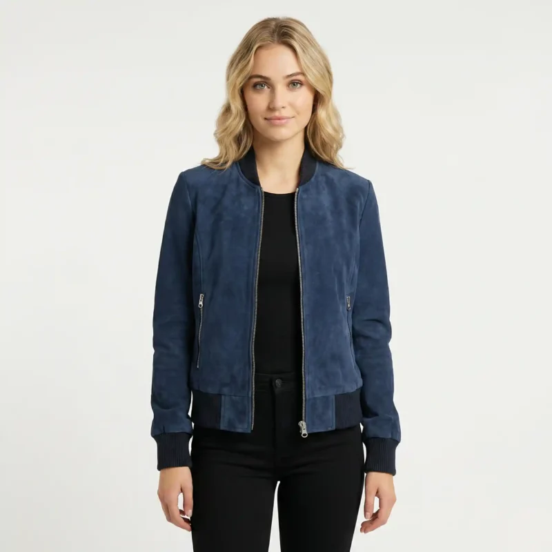 Noir Vantique Leather Bomber Jacket - Women's Navy Blue Suede Bomber Jacket - Classic Baseball Style Front View Front view of women's navy blue suede bomber jacket with ribbed collar, central zipper, zippered side pockets, ribbed cuffs and hem, fitted silhouette - Noir Vantique Leather Bomber Jacket