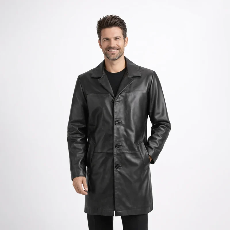 Obsidian Regent Leather Coat - Men's Black Leather Car Coat Mid Length Button Front Classic Fit Man wearing black leather car coat with notch collar button front closure and side pockets on white background - Obsidian Regent Leather Coat