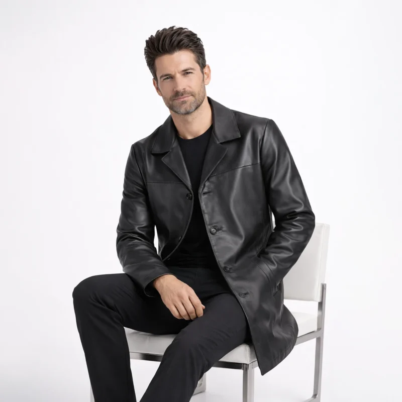 Seated profile of man in black leather car coat showing mid thigh length straight cut and notch collar detail - Obsidian Regent Leather Coat