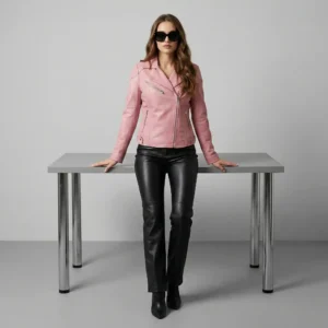 Women's blush pink leather moto jacket with wide notched lapels, asymmetric zipper closure, diagonal zipper pockets, and fitted silhouette - front view