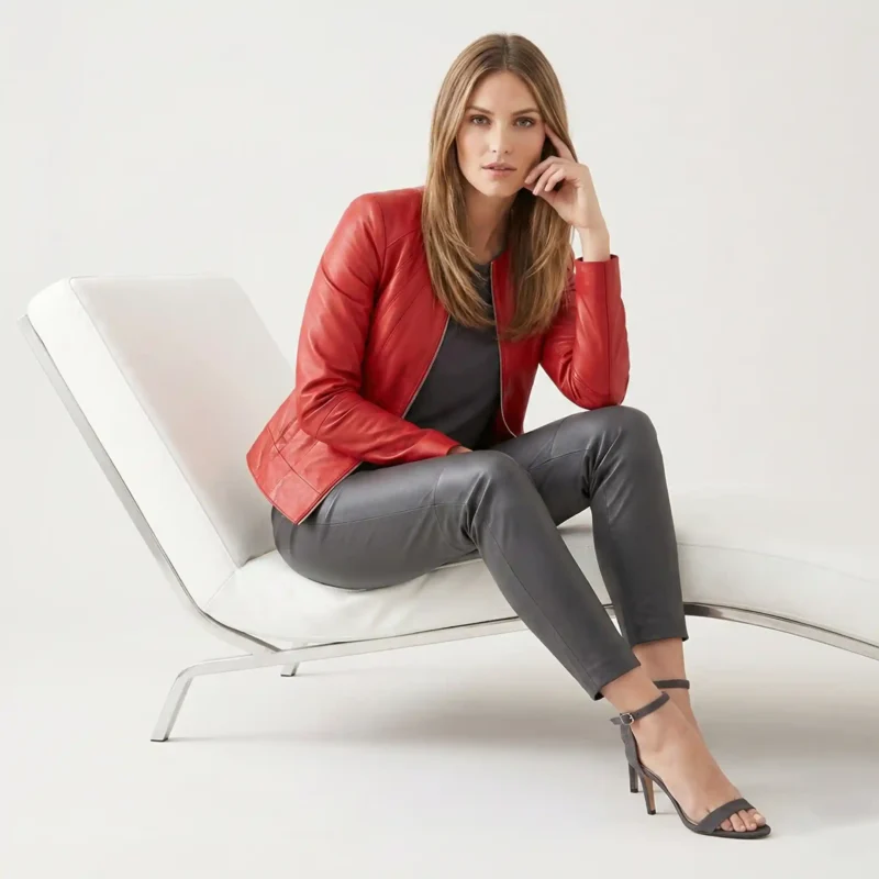 Women's red leather bomber jacket with V-neckline, front zipper closure, ribbed cuffs and hem, styled on white modern chair - front view