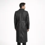 Back view of black leather trench coat showing center back vent belt detail and knee length hem construction - Onyx Vanguar Luxury Leather Trench Coat