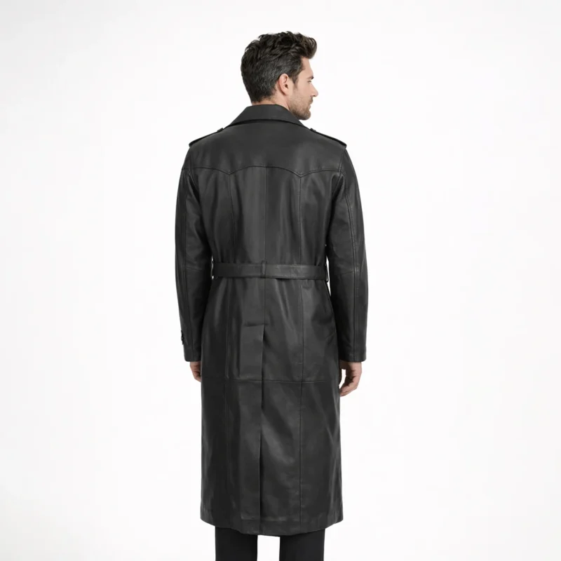 Back view of black leather trench coat showing center back vent belt detail and knee length hem construction - Onyx Vanguar Luxury Leather Trench Coat