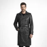 Man wearing black leather trench coat with double breasted buttons belt and wide lapels on white background of Onyx Vanguar Luxury Leather Trench Coat.
