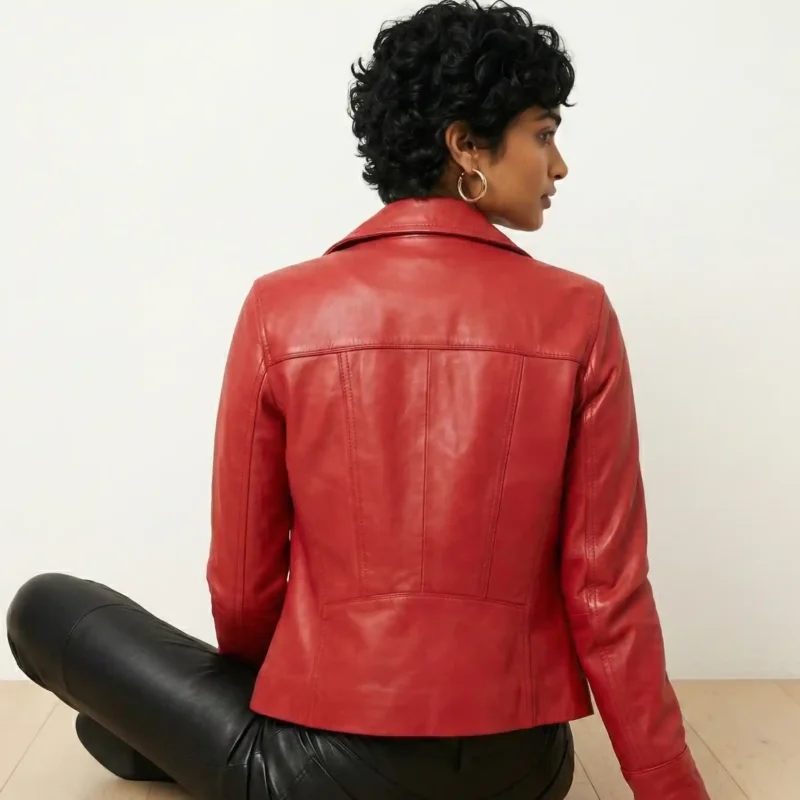 Rear view of red leather moto jacket showing fitted back panel, feminine tailored construction, classic biker design in bold red of Opulence Core Leather Jacket