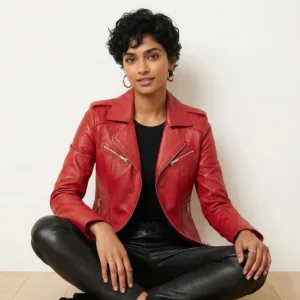 Front view of women's red leather moto jacket with asymmetric zipper, wide lapels, chest zip pockets, diagonal waist pockets, fitted feminine silhouette of Opulence Core Leather Jacket