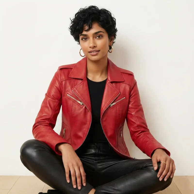 Front view of women's red leather moto jacket with asymmetric zipper, wide lapels, chest zip pockets, diagonal waist pockets, fitted feminine silhouette of Opulence Core Leather Jacket
