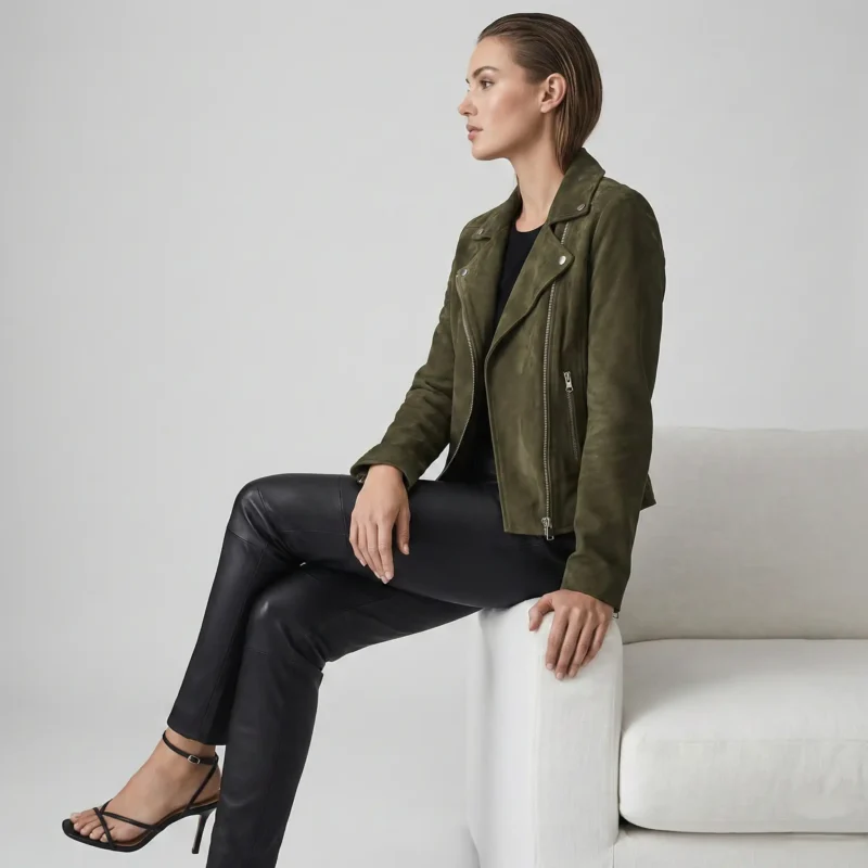 Side profile of olive green suede motorcycle jacket showing fitted silhouette, asymmetric zipper, lapel detail, and structured shoulders