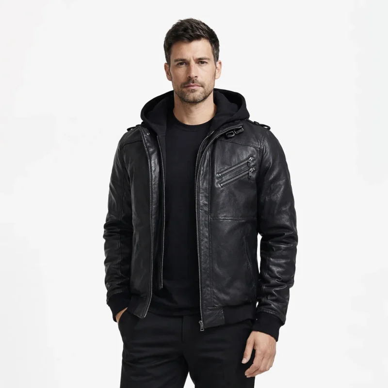 Front view of men's black leather jacket with detachable black hood, asymmetric zipper chest pocket, central zipper, shoulder straps, ribbed cuffs and hem