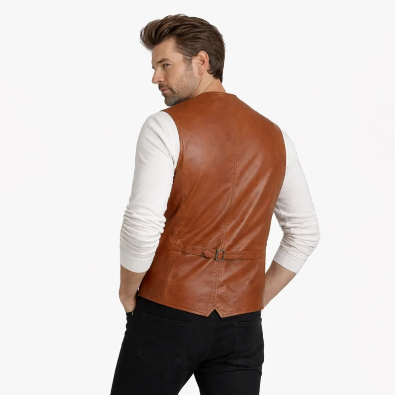 Rear view of tan brown leather vest showing clean back panel, tailored construction, sleeveless design, classic vest proportions