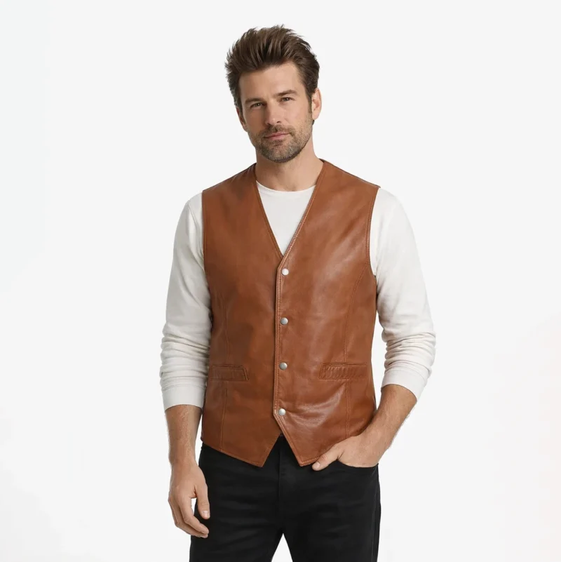 Royal Brown Genuine Leather Waistcoat – Handcrafted Classic Elegance Front view of men's tan brown leather vest with V-neck, snap button closure, two lower pockets, sleeveless design, tailored fit