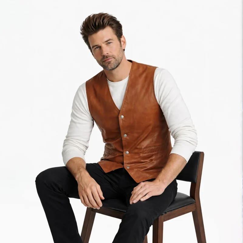 Man seated wearing tan brown leather vest showing comfortable tailored fit, accessible pockets, versatile layering piece