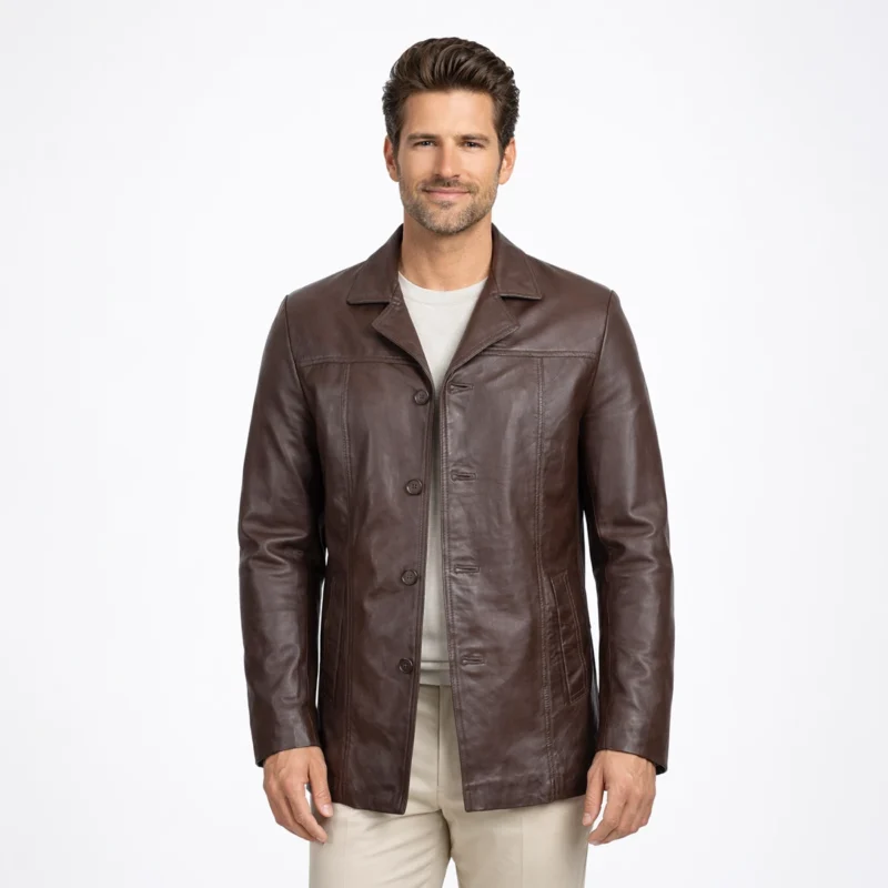 Man wearing brown leather blazer jacket with notch collar button front closure and hip length cut on white background