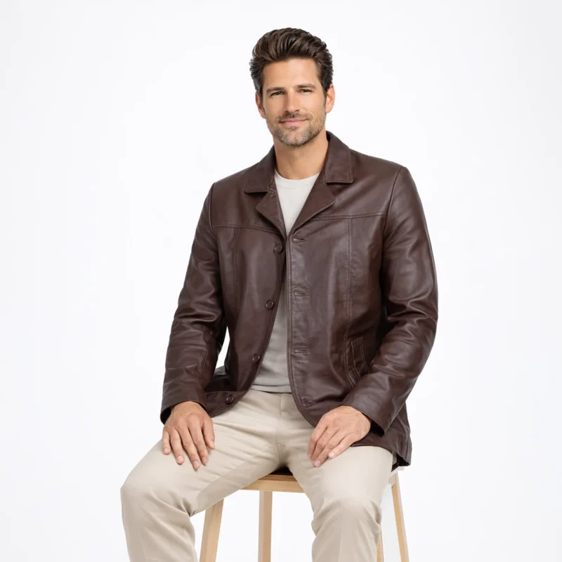 Seated profile of man in brown leather blazer coat showing hip length cut structured fit and notch collar