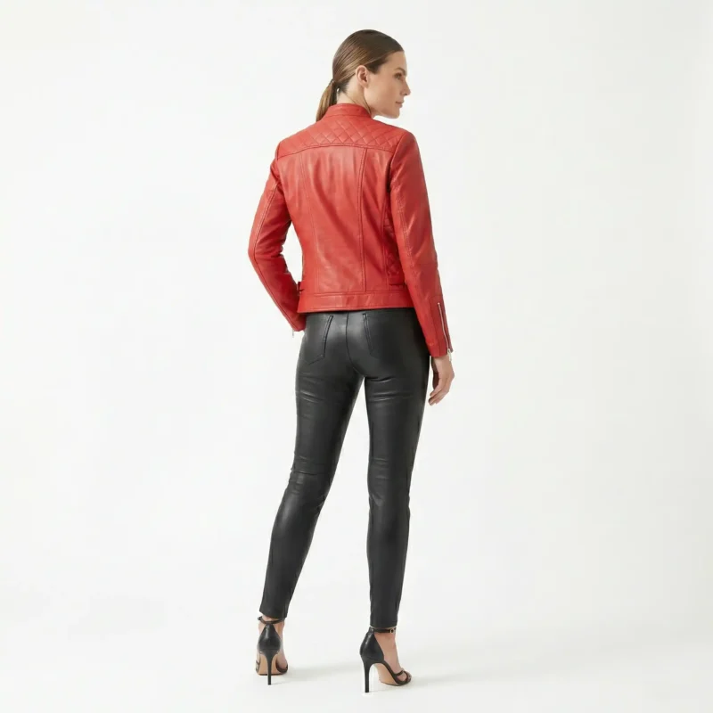 Rear view of Royal Vibe red leather asymmetrical jacket showing smooth back panel, fitted waist, structured shoulders, and hip-length cut
