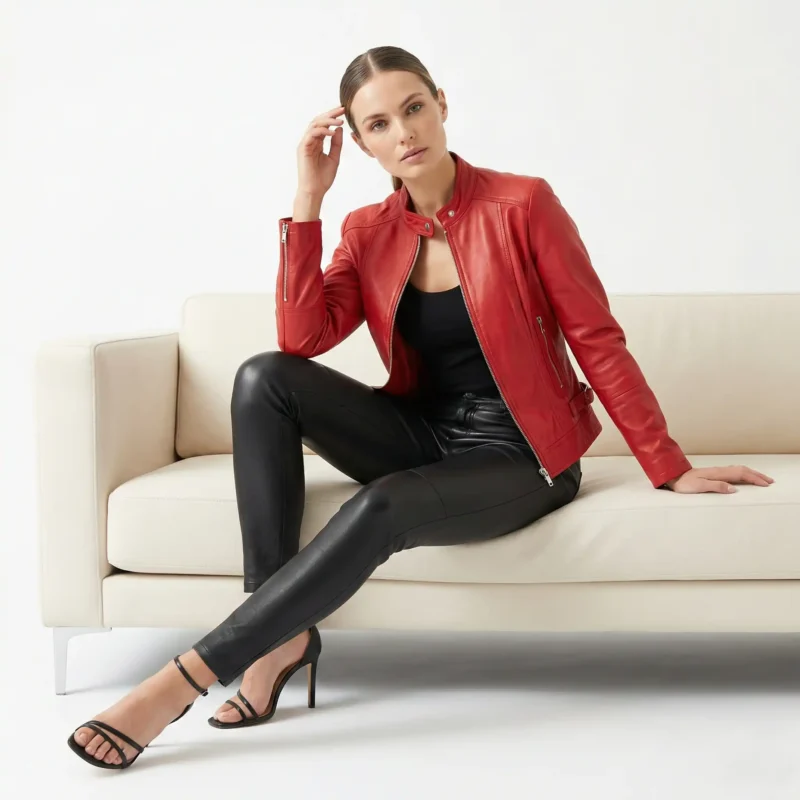 Woman wearing Royal Vibe red leather asymmetrical jacket with stand collar, offset zipper closure, sleeve zip pockets, black leather pants, and black top on beige couch