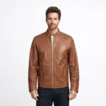 Man wearing tan brown leather jacket with stand collar zipper front and side zip pockets on white background - Saddle Ridge Jacket