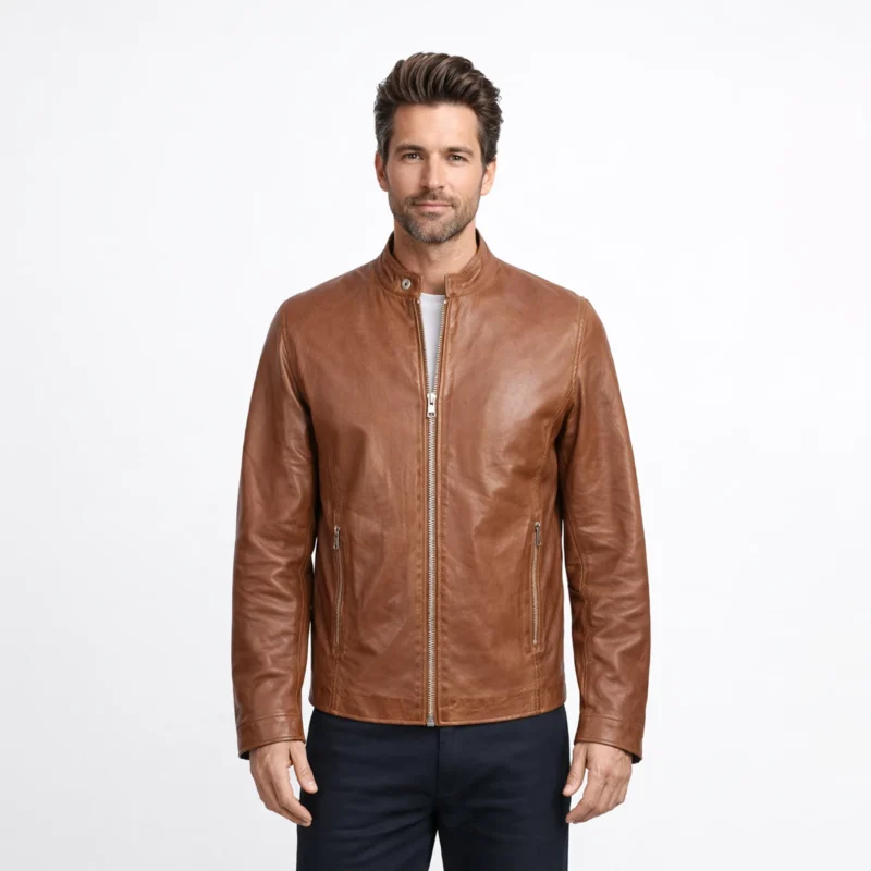 Man wearing tan brown leather jacket with stand collar zipper front and side zip pockets on white background - Saddle Ridge Jacket