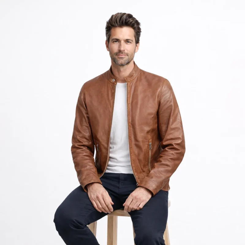Seated profile of man in tan brown leather jacket - Saddle Ridge Jacket - showing fitted silhouette hip length and stand collar detail