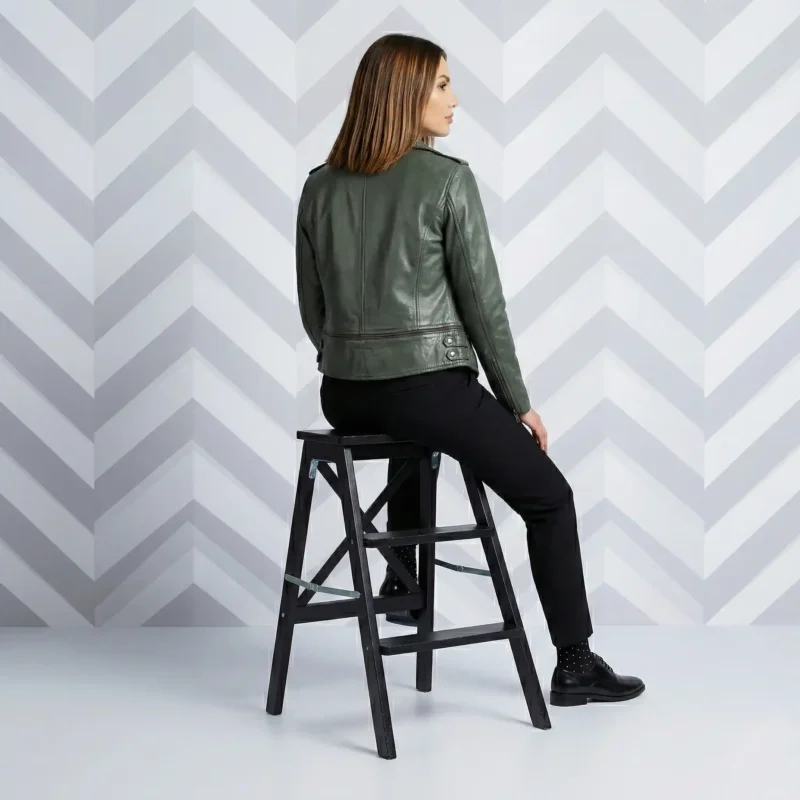 Rear view of sage green olive leather moto jacket showing fitted back panel, feminine tailored construction, contemporary biker design - Sienna Elite Zip-Front Leather Jacket