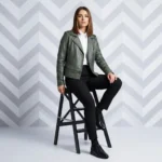 Front view of women's sage green olive leather moto jacket with asymmetric zipper, wide lapels, zipper waist pockets, fitted feminine silhouette - Sienna Elite Zip-Front Leather Jacket