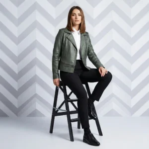 Front view of women's sage green olive leather moto jacket with asymmetric zipper, wide lapels, zipper waist pockets, fitted feminine silhouette - Sienna Elite Zip-Front Leather Jacket